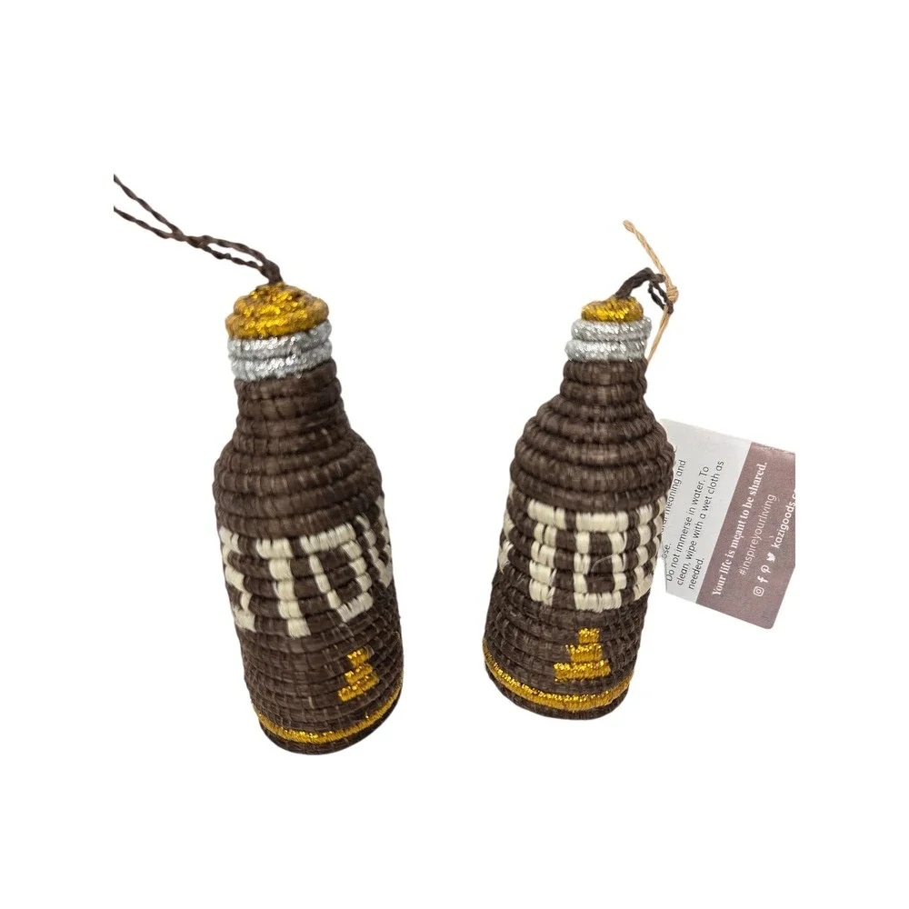 Stout Lager Beer Brown Woven Bottle Shaped Ornaments Set of 2